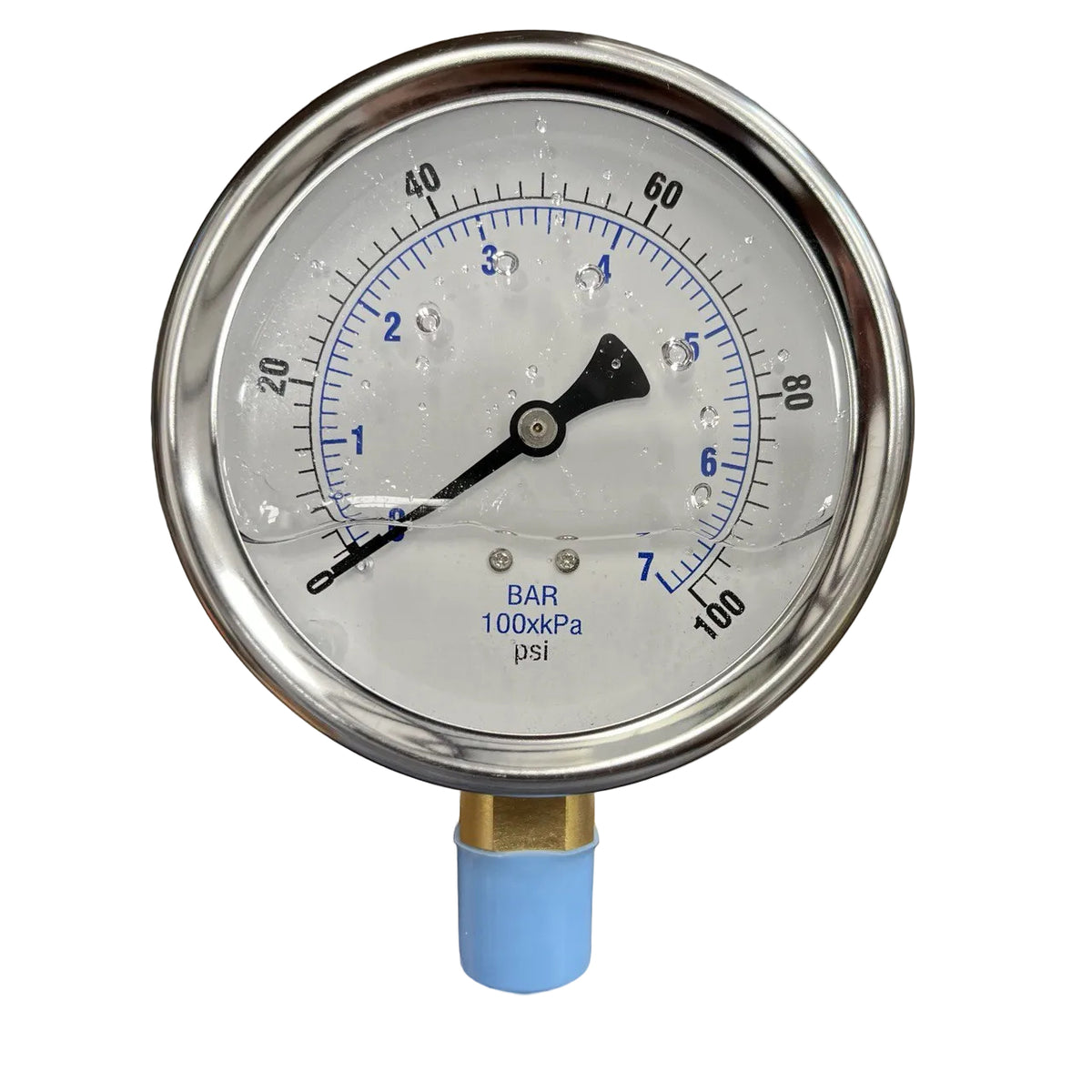 Manômetro Premium Cheio de Líquido – 100 PSI, Montagem Inferior de 1/2" (Peça # 1002G.1K)