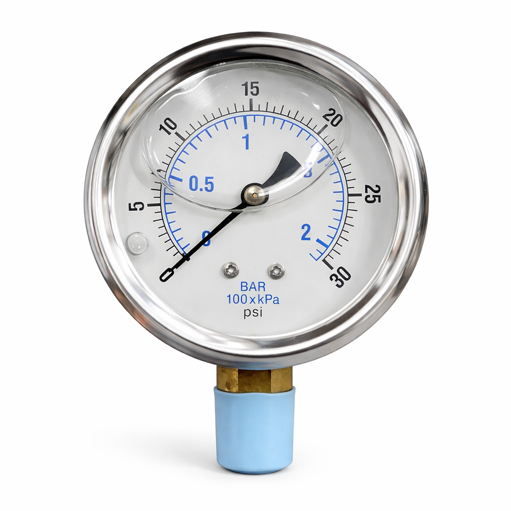 1/4 inch NPT 30 PSI pressure gauge with 2.5 inch dial for oilfield flowline and high pressure equipment monitoring