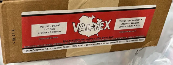Box of Val-Tex V-size valve lube sticks for high-pressure 1502 plug valve lubrication and oilfield flowline equipment maintenance