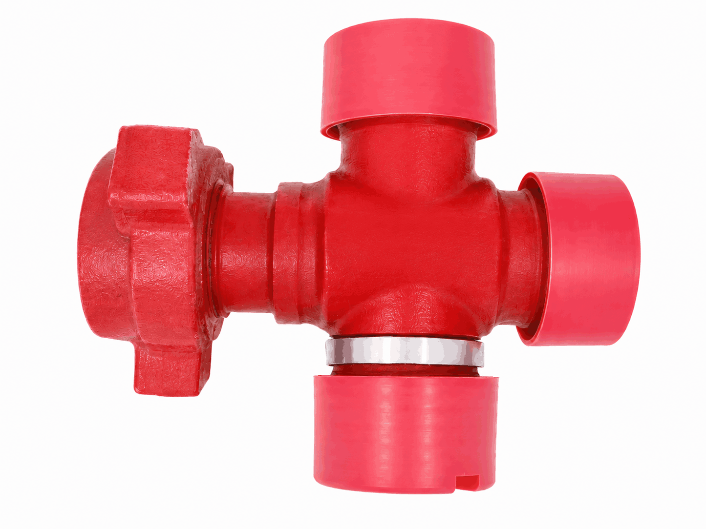 2 inch Fig 1502 cross with three female threaded ends, one male wing connection, and 9/16 inch Autoclave port for high pressure oilfield flowline applications