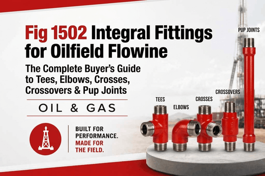 FIG 1502 integral fittings for oilfield flowline systems including tees, elbows, crosses, crossovers and pup joints, high pressure 1502 iron API 6A flowback and well testing equipment supplier USA