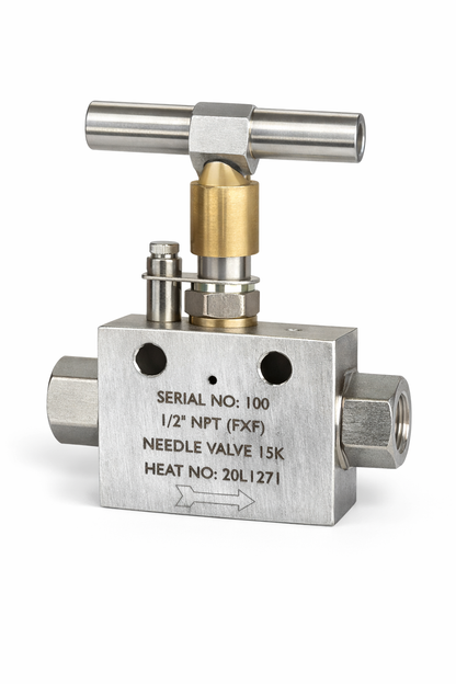 1/2 inch 15000 PSI stainless steel needle valve NPT female x female for oil and gas instrumentation, high pressure flowline and API 6A equipment systems