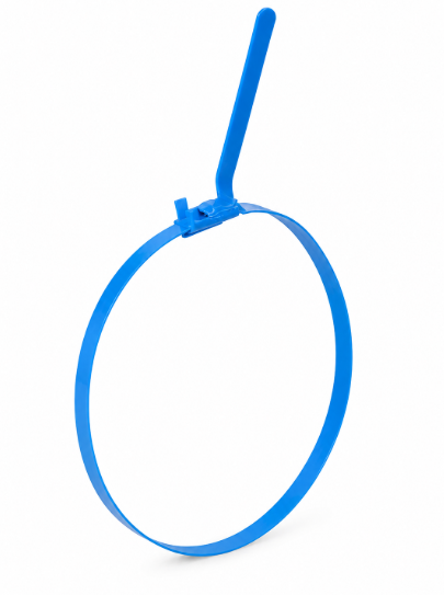 Baby blue 1/2 inch by 24 inch stainless steel band for high pressure flow iron color coded tagging on Fig 1502 plug valves, pup joints, and oilfield manifolds.