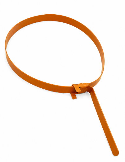 Brown 1/2 inch by 24 inch stainless steel band for high pressure flow iron color coded tagging on oilfield equipment, Fig 1502 pup joints, and plug valves.