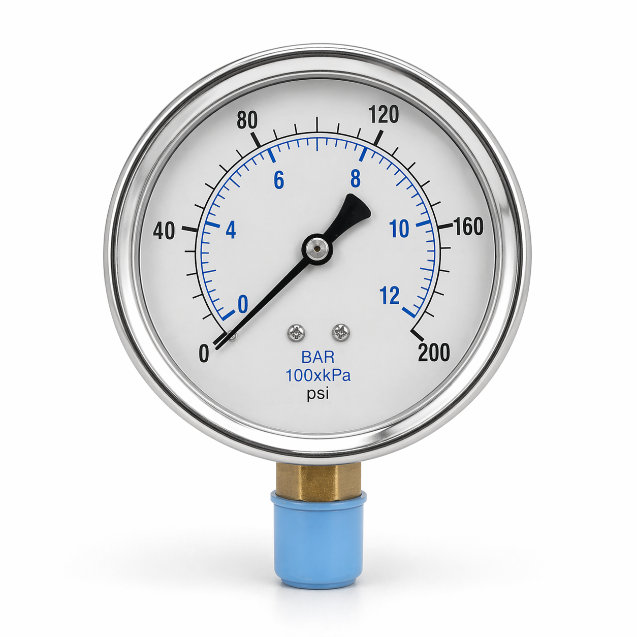1/4 inch NPT 200 PSI pressure gauge for oil and gas flowline systems and industrial instrumentation applications
