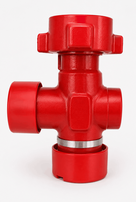 2 inch FIG 1502 choke tee with female thread x female thread x male wing connections for high pressure oilfield flowline and frac iron applications