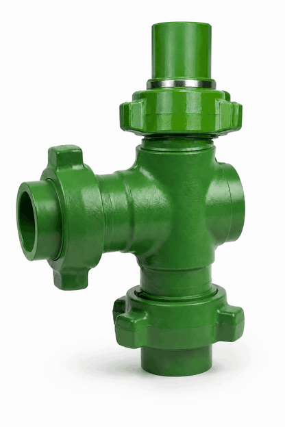 3-inch FIG 1502 choke tee sour service H2S rated with female threaded ends and male wing connection for high-pressure oilfield flowline and choke manifold systems.