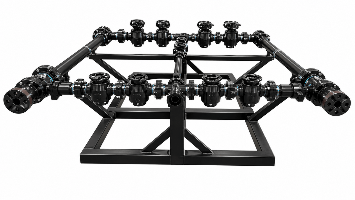 3 x 2 inch 15000 PSI 10 valve plug catcher manifold with 4 gear operated and 6 manual valves, 38 mesh screen for oilfield flowback and high pressure flowline equipment, durable API 6A flow iron manifold system