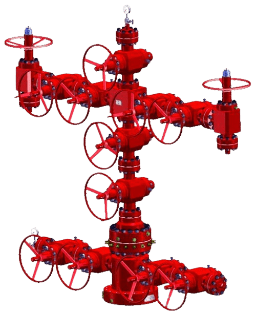 oilfield Christmas tree with valves, chokes and gauges for API 6A wellhead control, high pressure flowline and well optimization systems
