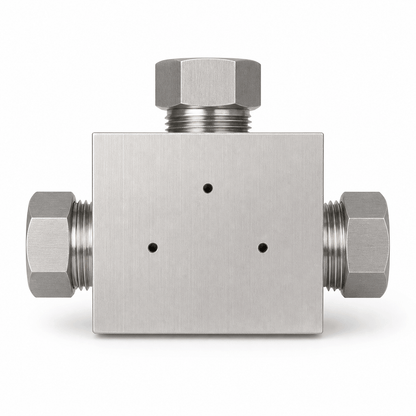 9/16 inch HP female block tee 30,000 PSI stainless steel 3-way flowline fitting for high pressure oilfield and hydraulic systems