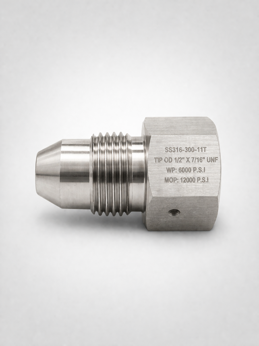 9/16 inch MP male x 1/4 inch HP female autoclave connector crossover adapter for high pressure oilfield flowline and instrumentation systems