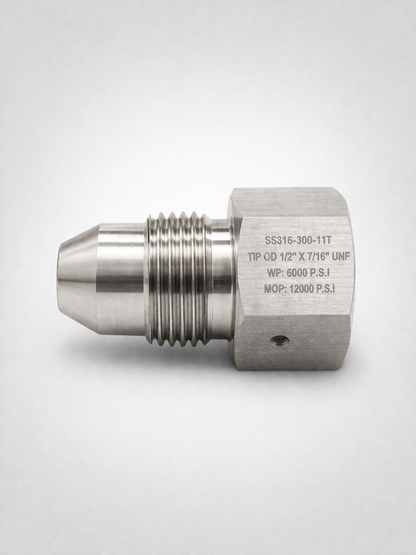 9/16 inch MP male x 1/4 inch HP female autoclave connector crossover adapter for high pressure oilfield flowline and instrumentation systems