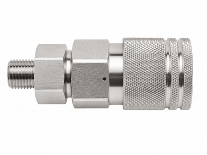 M9 female coupler back with integrated check valve for high pressure hydraulic and oilfield fluid transfer applications
