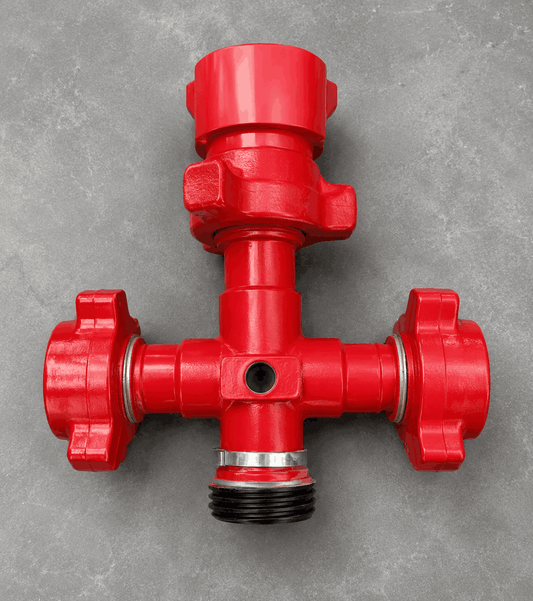 2-inch FIG 1502 cross fitting with wing union connections and 9/16-inch Autoclave threaded outlet for high-pressure flowline and oilfield pressure control applications