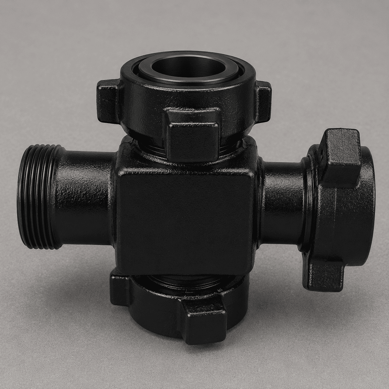 4-inch FIG 1002 cross fitting with three wing union connections and one female threaded outlet for high-pressure flowline, flowback, and oilfield pressure control applications