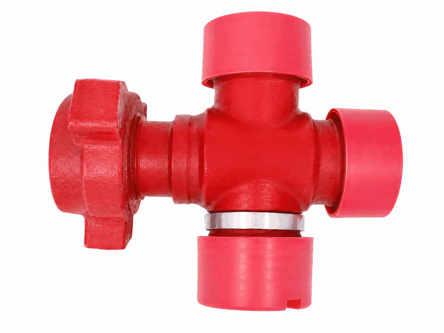 2 inch Fig 1502 cross with three female threaded ends, one male wing connection, and 9/16 inch Autoclave port for high pressure oilfield flowline applications