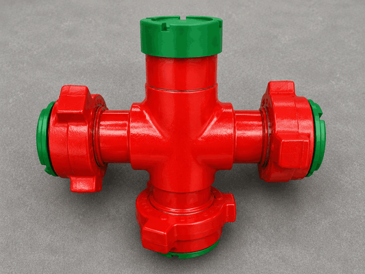 3-inch FIG 1502 XF cross fitting with female threaded ends and wing union connection for high-pressure flowline equipment, flowback operations, and oilfield pressure control applications