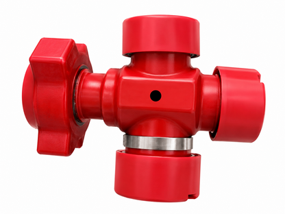 A red cross-shaped plastic or metal valve fitting with a large hexagonal handwheel on one side and a silver metal band around the center, isolated on a white background.