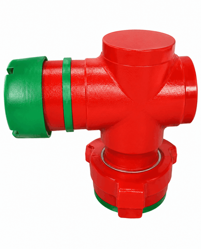 Heavy-duty 3-inch FIG 1502 double cushion elbow XF with male wing x female thread connection for high-pressure flowline, flowback, and frac iron oilfield applications