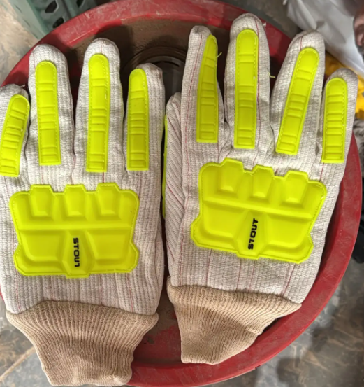 Full 360 corded cotton gloves with impact protection for oilfield PPE and industrial equipment handling