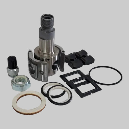 A metal mechanical assembly kit with a central threaded shaft, black plastic brackets, black O-rings, a silver hex nut, a black cap, and a circular gasket, arranged on a plain white background.