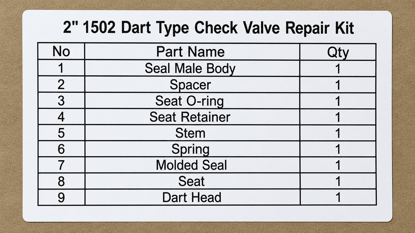 Repair Kit for 2 inch Dart Type Check Valve for high pressure flowline equipment, oilfield check valve maintenance, 1502 iron systems, and API 6A pressure control applications