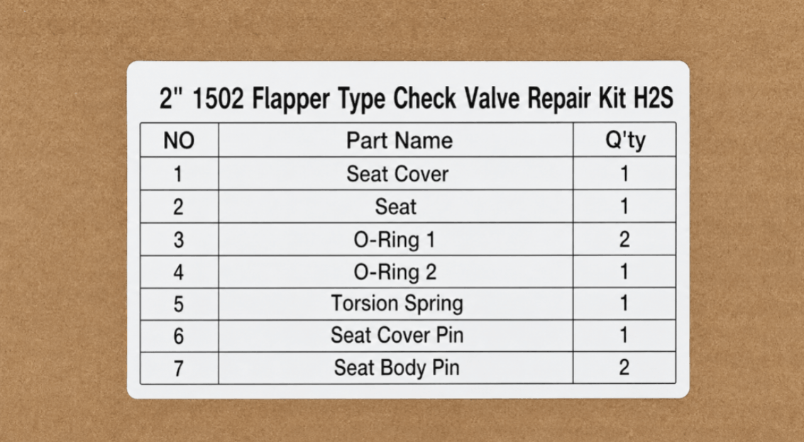 Sour service repair kit for 2 inch flapper type check valve designed for H2S oilfield flowline and high pressure flowback applications

