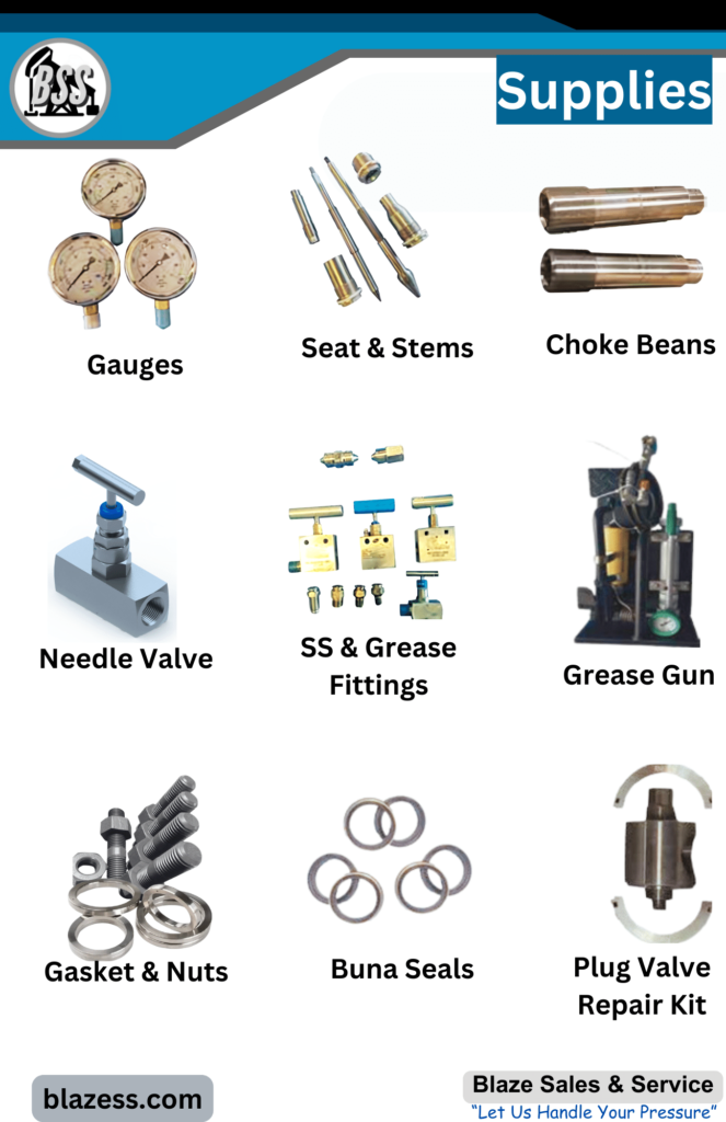 Supplies | Pressure Gauges | Seat & Stems | Choke Beans | Needle Valve | SS & Grease Fittings | Grease Gun | Buna Seals | Plug Valve Repair Kit | Blaze Sales & Service “Let Us Handle Your Pressure” blazess.com